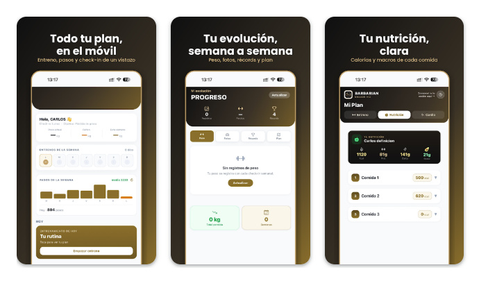 Pantallas de la app Carlos Moral Barbarian: plan, evolución y nutrición